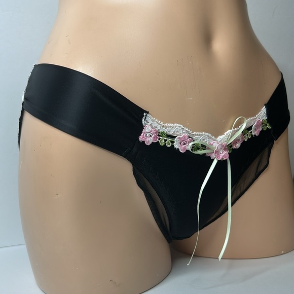 IZA Liquid Satin Black Embroidered Floral Smooth Silk Stretch Feminine Panty NEW - Picture 10 of 15